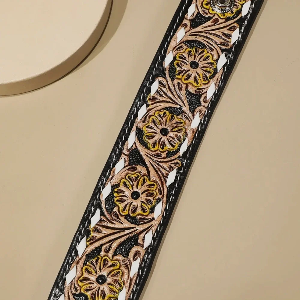 Tooled Leather Floral Embossed Bracelet Black and Brown NWT